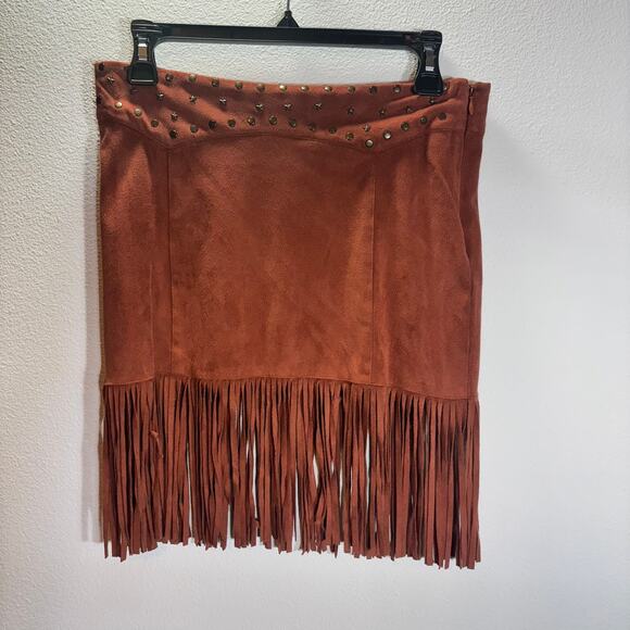 Idyllwind Fringe Mini Skirt S Brown Suede Look Studded Western Boho Cowgirl - Picture 1 of 7
